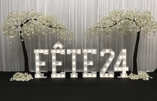 Category Vendor Gallery 12 Fête24 3.2 meter tall cherry blossom trees & large light up letters spelling Fete24